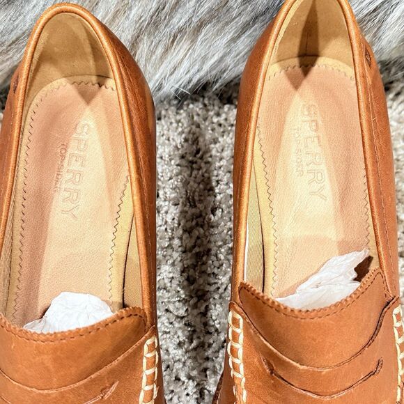 Sperry Seaport Penny Block Heel Loafer Womens Sz 7 Tan Leather Cushioned Comfort - Picture 12 of 15